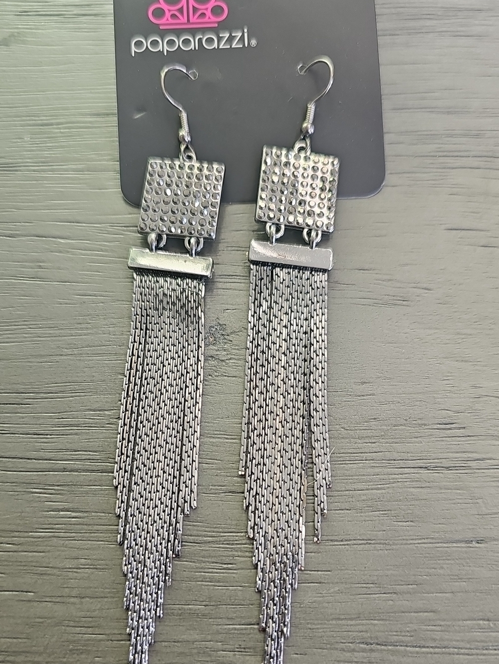 paparazzi Gunmetal Chain Tassel Earrings with Textured Square